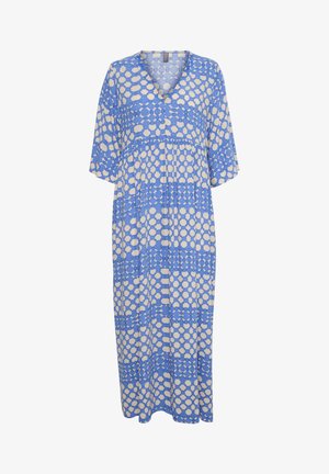 Mėlyna raštuota suknelė, pagaminta iš lengvos medžiagos. Turi V formos iškirptę, trumpas rankoves ir laisvą siluetą su sluoksniuotu dizainu.