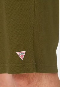 Groene textuurshorts met een driehoekige rood-witte "GUESS" logo patch aan de zoom. De stof lijkt ademend en licht van gewicht te zijn.