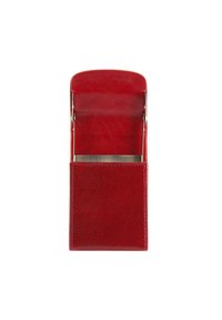 Portafoglio per carte in pelle rossa dal design elegante, con una finitura liscia e testurizzata e un accento metallico. Aperto per rivelare il compartimento interno.