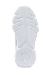 White sneaker sole with a textured rubber design, featuring deep grooves for traction and a prominent circular logo in the center.