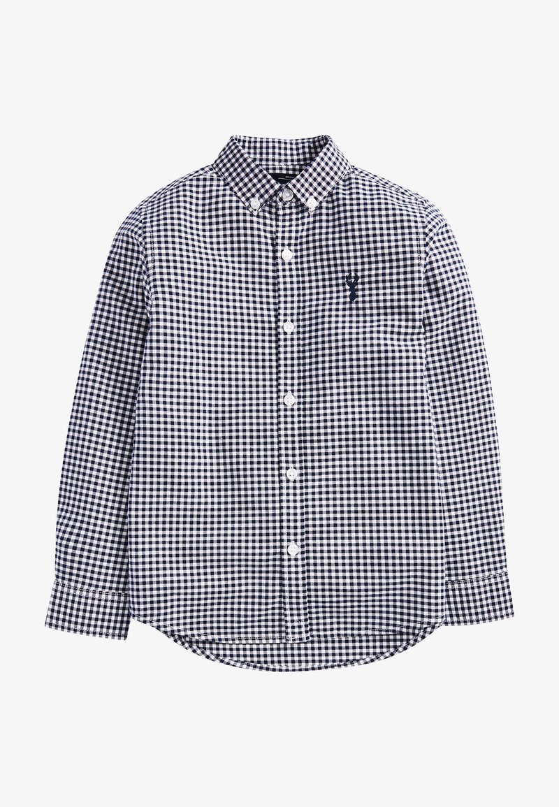 Chemise à manches longues avec boutons, motif à carreaux bleu marine et blanc, col boutonné, et petit homard bleu marine brodé sur la poitrine gauche.