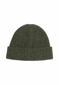 Ribbede strikkede beanie i mørkegrøn uld med en foldbar manchet. Struktureret mønster hele vejen igennem, med en glat udseende og tæt pasform.