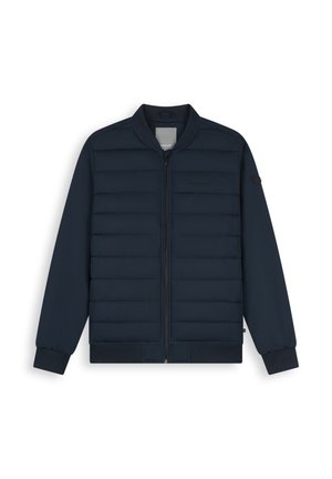 Navy blue quilted bomber jacket with full front zipper, ribbed collar, cuffs, and hem, and long sleeves.