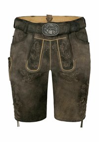 Braune Leder-Shorts mit gestickten Details in einer helleren Nuance, einem Metallverschluss mit einem Elch-Motiv und seitlichen Taschen für Funktionalität.