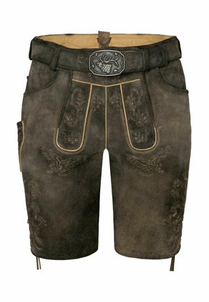 Brązowe skórzane szorty z haftowanymi detalami w jaśniejszym odcieniu, metalowym zapięciem z motywem żubra oraz kieszeniami bocznymi dla funkcjonalności.