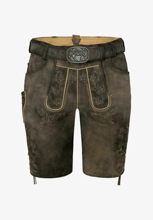 Brown leather shorts featuring embroidered details in a lighter shade, a metal buckle with an elk motif, and side pockets for functionality.