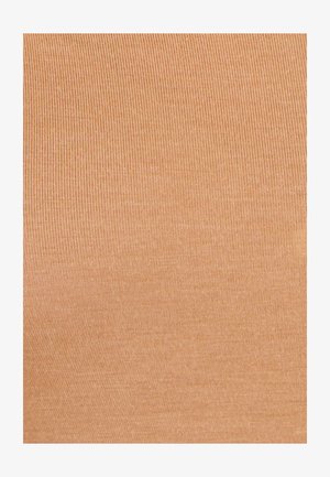 Tessuto beige a coste con una superficie liscia, caratterizzato da linee verticali. Il materiale appare elastico e leggero.