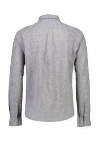 Graues langärmliges Hemd aus Leinenmischung mit Kragen, Knopfmanschetten und einer dezenten Textur sowie einem leicht abgerundeten Saum.