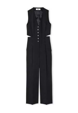 Monos de tirantes negros sin mangas con escote en V, cierre frontal de botones y laterales con cortes. Presenta pantalones de pierna ancha y un diseño entallado.