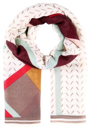 Miękki szalik z tkaniny o geometrycznym wzorze w kolorach bordowym, jasnoniebieskim, czerwonym, musztardowym i beżowym z małymi kreskowymi akcentami.