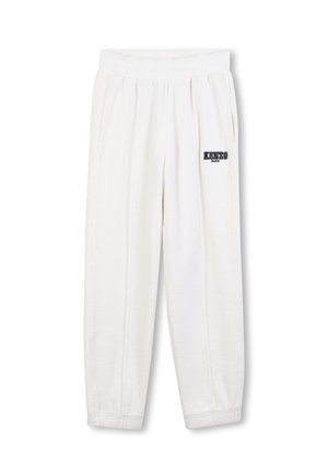 White sweatpants featuring an elastic waistband and side pockets, with a black "KENZO PARIS" logo on the left side.