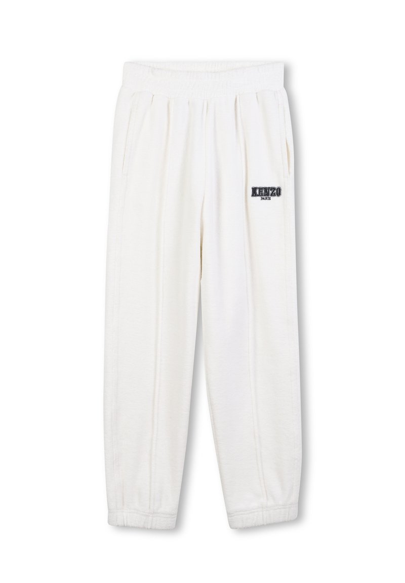 Pantalon de survêtement blanc avec une taille élastique et des poches latérales, avec un logo noir "KENZO PARIS" sur le côté gauche.