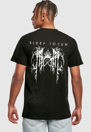 Black cotton t-shirt featuring a white graphic design and text "SLEEP TOKEN" printed on the back, short sleeves, and a crew neck.