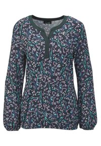 Langärmliges Oberteil in Marineblau mit einem floralen Muster in Türkis und Lavendel. V-Ausschnitt mit grünem Saum; elastische Bündchen an den Ärmeln. Weicher Stoff.