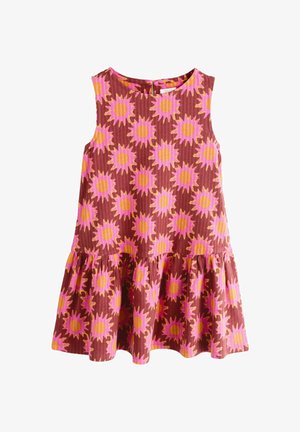 Rochie maro cu fustă evazată, având un model colorat de floarea-soarelui în roz și portocaliu. Confecționată dintr-un material texturat, cu un decolteu rotund.