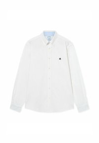 Biała koszula z długim rękawem i kołnierzykiem zapinanym na guziki, z jasnoniebieskim wnętrzem kołnierza, klasyczny krój i małym czarnym haftowanym logo.