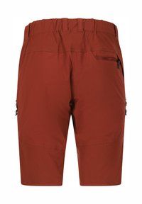 Punaiset ulkokäyttöön tarkoitetut shortsit, joissa on joustava vyötärönauha, kaksi vetoketjullista sivutaskua ja sileä, kevyt materiaali.