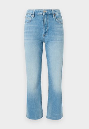 Modre jeans hlače iz jeansa z visokim pasom, sprednjim gumbom in zadrgo, petimi žepi ter rahlo razširjenim krakom hlačnice.