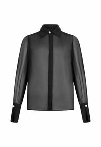 Blusa nera trasparente con colletto classico, chiusura con bottoni frontale e maniche lunghe, con polsini neri accentuati da bottoni perlati.