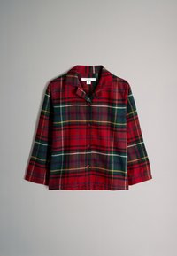 Camicia a quadri rossa con bottoni e colletto, con linee verdi, gialle e bianche. Maniche lunghe con taglio comodo e tessuto liscio.