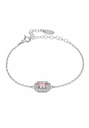 Silbernes Gliederarmband mit einem smaragdgeschliffenen rosa Edelstein, umgeben von kleinen klaren Kristallen, und einem Karabinerverschluss.