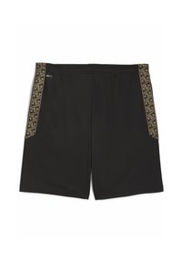 Svarte atletiske shorts med gyldne geometriske mønstrede striber på siderne og "DRYCELL" tekst nær taljen på venstre side.