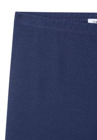 Tessuto in cotone elasticizzato blu navy con una texture liscia, caratterizzato da una vita con dettagli di cucitura e senza motivi o decorazioni visibili.