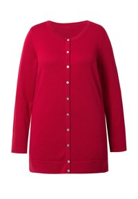 Rotes Cardigan mit langen Ärmeln, rundem Halsausschnitt und einer Fünf-Knopf-Frontöffnung. Glatte Textur und einfarbig, ohne Muster oder Akzente.
