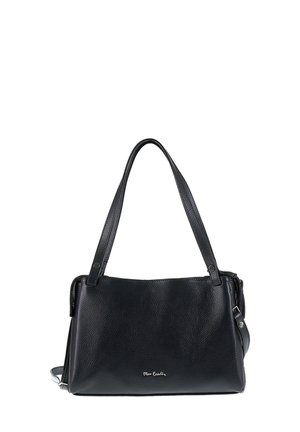 Borsa a tracolla in pelle nera con finitura testurizzata, dotata di due manici e di una tracolla removibile. Include un logo discreto sulla parte anteriore.