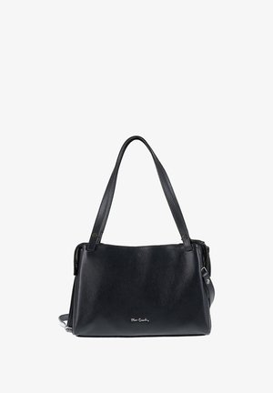 Borsa a tracolla in pelle nera con finitura testurizzata, dotata di due manici e di una tracolla removibile. Include un logo discreto sulla parte anteriore.