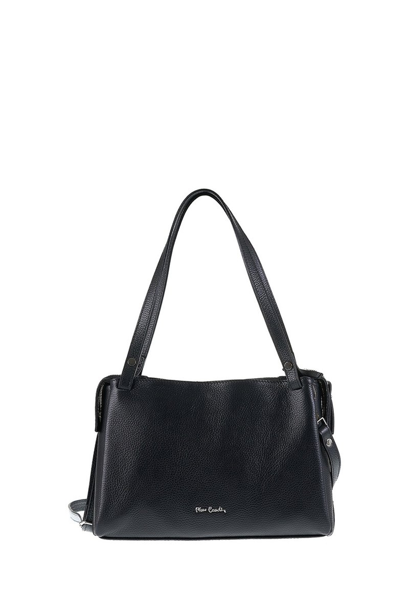Borsa a tracolla in pelle nera con finitura testurizzata, dotata di due manici e di una tracolla removibile. Include un logo discreto sulla parte anteriore.