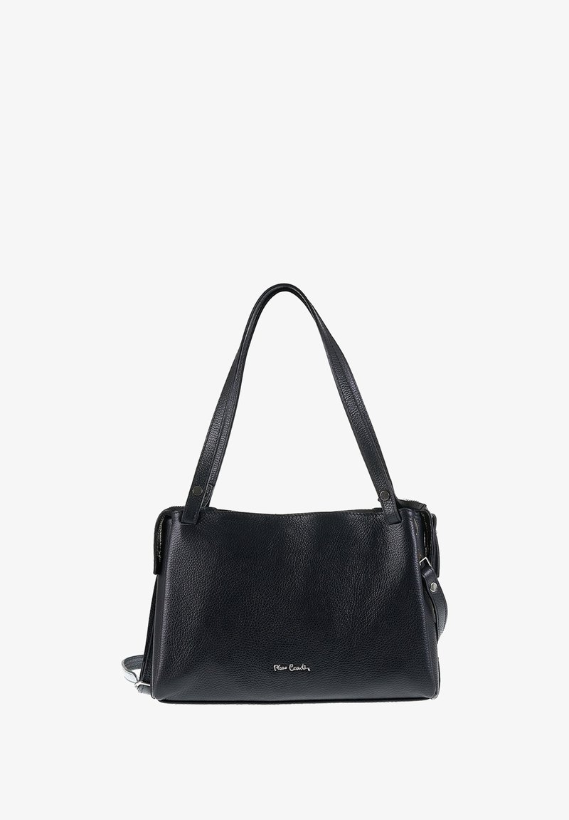 Borsa a tracolla in pelle nera con finitura testurizzata, dotata di due manici e di una tracolla removibile. Include un logo discreto sulla parte anteriore.