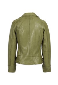 Oliven-grøn læderjakke vist bagfra med lange ærmer, syningsdetaljer, krave og justerbare side-spænder.