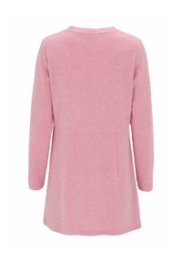 Ribbed pink sweater with long sleeves, round neck, and flared hem. The knit texture is soft and the fit is relaxed. Back view shown.