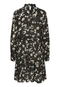Blumenkleid in Schwarz mit weißen Blumen und grünen Blättern, langen Ärmeln, gerafftem Ausschnitt und einem gestuften Rockdesign.