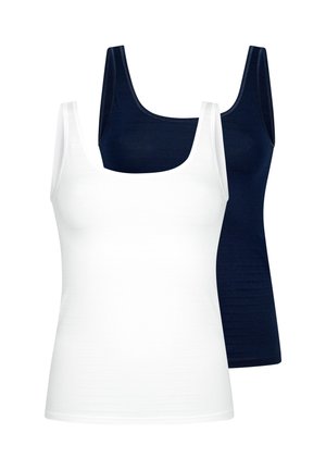 Two sleeveless tank tops, one white and one navy blue, with scoop necklines displayed on a plain background.