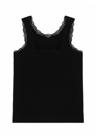 Černý bezrukávový top s krajkovým lemem na dekoltu a ramenech, vyrobený z jemné, pružné tkaniny. Jednoduchý, přiléhavý design.