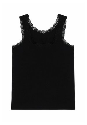 Top negru fără mâneci, cu un detaliu din dantelă la gât și umeri, confecționat dintr-un material moale și elastan. Design simplu, ajustat.