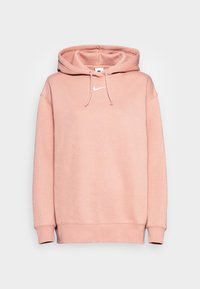 Pink hoodie made of soft fabric, featuring a drawstring hood, ribbed cuffs, and a small white logo on the front.