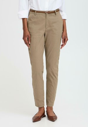 Khaki trousers with a slim fit, tailored design, and flat front. Features a brown belt and side pockets, made from lightweight fabric.