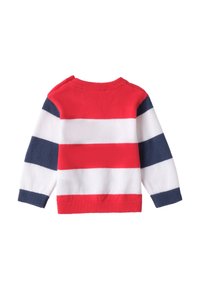 Crewneck-Pullover mit horizontalen Streifen in Rot, Weiß und Marineblau; gestrickte Textur; lange Ärmel mit gerippten Bündchen und Saum.