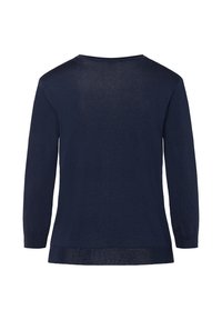 Dunkelblaues Langarm-Pullover-Sweatshirt mit rundem Halsausschnitt und lockerer Passform. Stricktextur, leicht durchsichtiger Rücken und gerippte Bündchen.