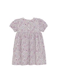 Blumenkleid mit kurzen Ärmeln aus leichtem Stoff, runder Ausschnitt, Knopfverschluss und geraffter Taille mit wechselnden lila und türkisfarbenen Blumenmustern.