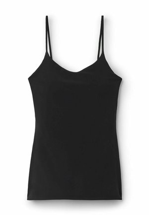 Zwarte mouwloze tanktop met dunne spaghetti bandjes en een licht afgeronde halslijn, platliggend op een witte achtergrond.