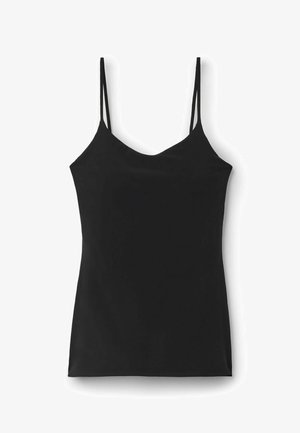 Zwarte mouwloze tanktop met dunne spaghetti bandjes en een licht afgeronde halslijn, platliggend op een witte achtergrond.