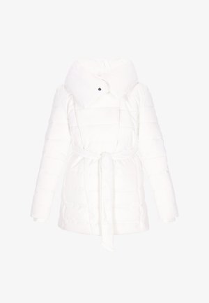 Jachetă albă, căptușită și matlasată, cu guler larg, mâneci lungi și un cordon la talie legat în față.