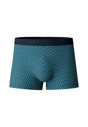 Männer Boxershorts in Dunkelblau mit einem geometrischen Muster aus hellblauen Dreiecken. Elastischer Bund, körpernahe Passform, glatte Textur.