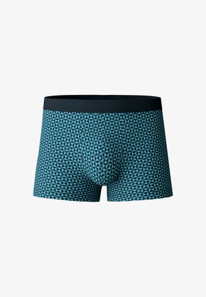 Men's boxer briefs in dark blue with a geometric pattern of light blue triangles. Elastic waistband, fitted design, smooth texture.