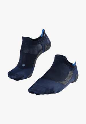 Chaussettes ankle bleu marine avec une finition texturée, présentant un accent gris au niveau du talon et un logo bleu sur le côté. Design léger et respirant.