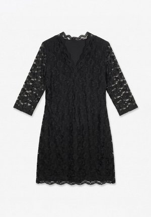 Robe en dentelle noire avec manches trois-quarts, ourlet festonné et motif floral, avec un décolleté en V orné de dentelle.